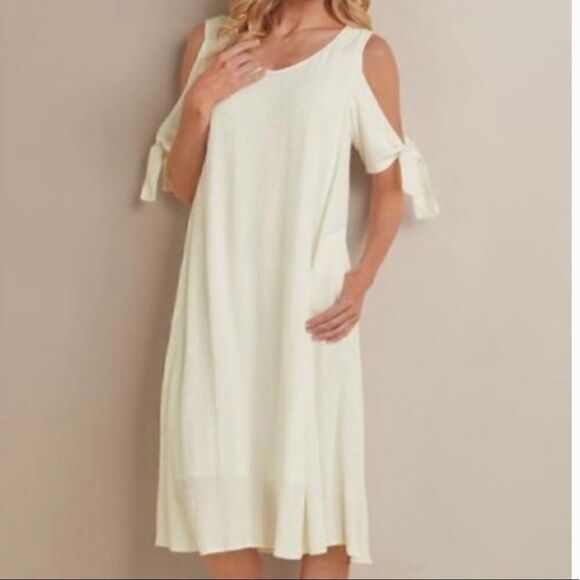 SOFT SURROUNDINGS White Destin Gauze Cold Shoulder Pockets MIDI Dress.Size XS - Picture 1 of 14
